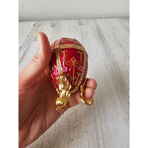 Jeweled egg rhinestone trinket box jewelry red gold flowers daisies - Picture 6 of 8